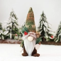Green knitted Christmas gnome doll with elk pattern hat holding a wooden mini sled - Knitted Hat Male Doll / Green