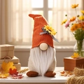 Herbsternte-Gnom-Plüsch mit orangefarbener Strickmütze und Sonnenblume in warmer Heimdekoration - Grob Gestrickte Orangefarbene Mütze Bart Stil (W-WS82)