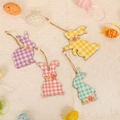 Set of 4 colorful wooden Easter bunny hanging ornaments with checkered patterns and twine - Checkered Rabbit Style (P-M120)