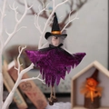 Hängende Halloween-Hexenpuppe mit lila Spinnennetz-Umhang und schwarzer Hut-Deko - Hexenkleid Anhänger (X-Y62)