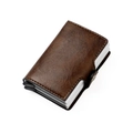 Brown litchi leather RFID blocking wallet with aluminum card case and snap button - Coffee Crazy Horse Texture