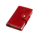 Macro detail of red crazy horse leather card holder with yellow hand-stitched seams - Red
