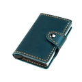 Detail of teal crazy horse leather card holder with vibrant orange hand stitching - Blue