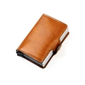 Brown leather RFID blocking wallet with dual aluminum card holders and metal clip - Brown Oil Wax Texture