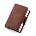 Dark brown leather RFID popup card holder wallet with silver aluminum case and snap closure - Light Brown