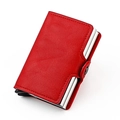 Red leather RFID blocking card holder with silver aluminum popup case and snap closure - Red