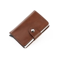 Brown leather RFID blocking card holder with automatic pop-up mechanism and snap button - Light Coffee