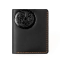Detail of vintage black leather wallet featuring a beast relief and orange stitching - 8031 Vertical Black Tiger