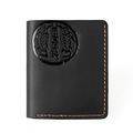 Detail of vintage black crazy horse leather wallet with orange stitching and embossed logo - 8031 Vertical Black Pisces