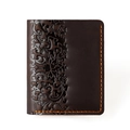 Detailed relief embossed floral pattern on vintage dark brown leather card holder - 8031 Vertical Coffee Floral