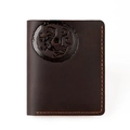 Detail of vintage brown leather wallet with mythical beast embossing and orange stitching - 8031 Vertical Coffee Tiger