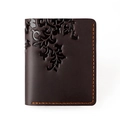 Detail of vintage brown leather wallet with embossed vine pattern and orange hand stitching - 8031 Vertical Coffee Leaf