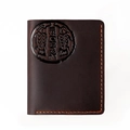Detail of vintage dark brown crazy horse leather card holder with orange hand-stitched edges - 8031 Vertical Coffee Pisces