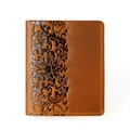 Detailed macro view of embossed vintage brown leather wallet with floral patterns - 8031 Vertical Brown Floral