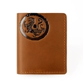 Close-up of brown crazy horse leather wallet with traditional beast emblem and hand-stitching - 8031 Vertical Brown Tiger