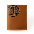 Close-up of vintage brown leather wallet with double fish embossing and manual stitching - 8031 Vertical Brown Pisces