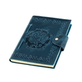 Detailed view of embossed rose and Celtic knot patterns on vintage teal leather notebook - Blue Rose Embossed Style (077)