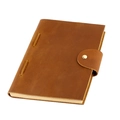 Detail view of vintage brown crazy horse leather notebook with button closure and stitching - Brown Classic Style (077)