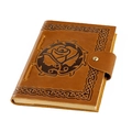 Detail of vintage brown leather journal with embossed rose and Celtic knot patterns - Brown Rose Embossed Style (077)