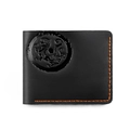 Detail of black leather bifold wallet with dragon totem embossing and orange stitching - Tiger / Black