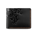 Macro detail of crazy horse leather wallet with leaf embossing and contrast stitching - Leaf / Black