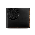 Detail of black leather wallet with orange contrast stitching and embossed fish emblem - Pisces / Black