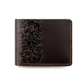 Close-up of deep brown leather wallet with floral embossed pattern and orange stitching - Rose / Coffee