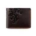 Detail of vintage crazy horse leather wallet with embossed leaf and orange contrast stitching - Leaf / Coffee