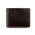 Macro view of vintage brown crazy horse leather wallet with embossed fish seal and hand-stitched detail - Pisces / Coffee