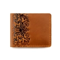 Detail of vintage brown leather wallet with floral embossed pattern and sturdy stitching - Rose / Brown