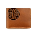 Detail of vintage crazy horse leather wallet featuring a circular embossed fish pattern - Pisces / Brown