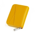 Detail of yellow pebbled leather card holder with smooth silver zipper and neat stitching - Lemon Yellow