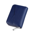 Dettaglio porta carte in pelle blu scuro con cerniera in metallo e scomparti per carte - Blu scuro
