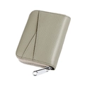 Detail of light gray leather card holder with accordion design and silver metal zipper - Apricot