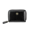 Elegante porta carte in pelle nera con rosa in metallo dorato e zip di chiusura - Nero