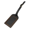 Detail of crazy horse leather luggage tag with orange contrast stitching and golden buckle - Black