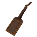 Detailed view of brown leather luggage tag with orange stitching and metal buckle - Coffee