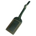 Detail of dark green leather luggage tag with contrast orange stitching and metal buckle - Green