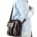 Vertical dark brown leather crossbody bag for men with multiple zipper pockets - Coffee