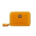 Yellow leather card wallet with zipper and vintage metal rose floral decoration - Yellow