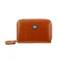 Dark brown leather coin wallet with retro metal rose badge and gold zipper closure - Brown