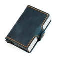 Détail du portefeuille en cuir bleu avec coutures orange et éjecteur en aluminium - Bleu