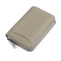 Macro view of RFID leather wallet showing lychee texture and stitching details - Elephant Gray