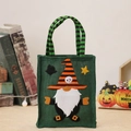Green burlap Halloween candy bag featuring a gnome appliqué with an orange striped hat - Green Burlap Handbag