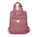 Vista frontale dello zaino in nylon rosa grigio con placca argento e tasca grande - Rosa