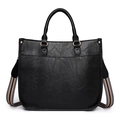 Classic black litchi pattern tote bag with dual handles and stylish striped strap - Black