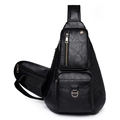 Black vintage textured leather crossbody chest bag with functional silver zippers - Black