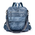 Vintage blue washed PU leather backpack for women with large capacity and woven strap - Blue
