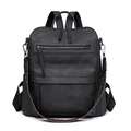 Versatile black PU leather backpack for women with colorful woven strap and large capacity - Black