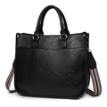 Bolso tote de cuero PU negro con textura lichi y correa de hombro ancha a rayas - Negro